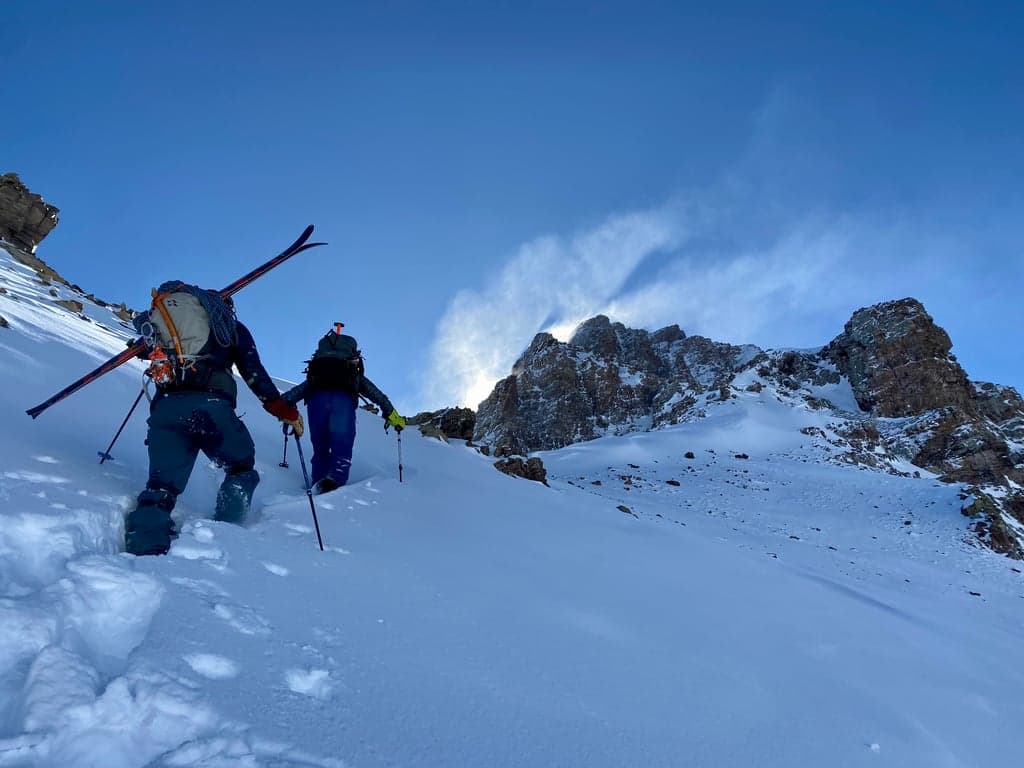 Chris and Erin climbing winter ridge